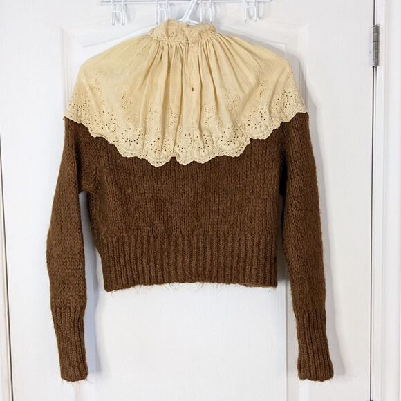 ZARA Contrasting embroidery lace knit sweater brown beige Small @L1 - Picture 6 of 13